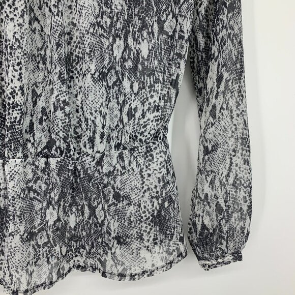 Guess Top Gray Snake Print Sheer Long Sleeve V Neck Ruffle - Picture 12 of 12